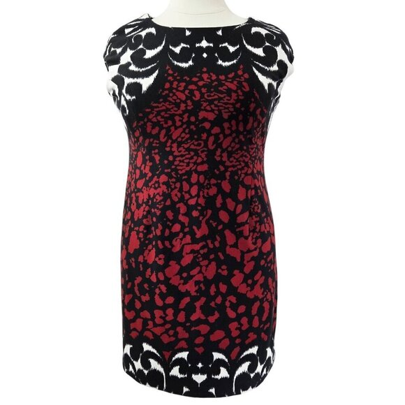 Chico's Black Red White Abstract Animal Print Cap Sleeve Sheath Dress Party - Picture 1 of 7